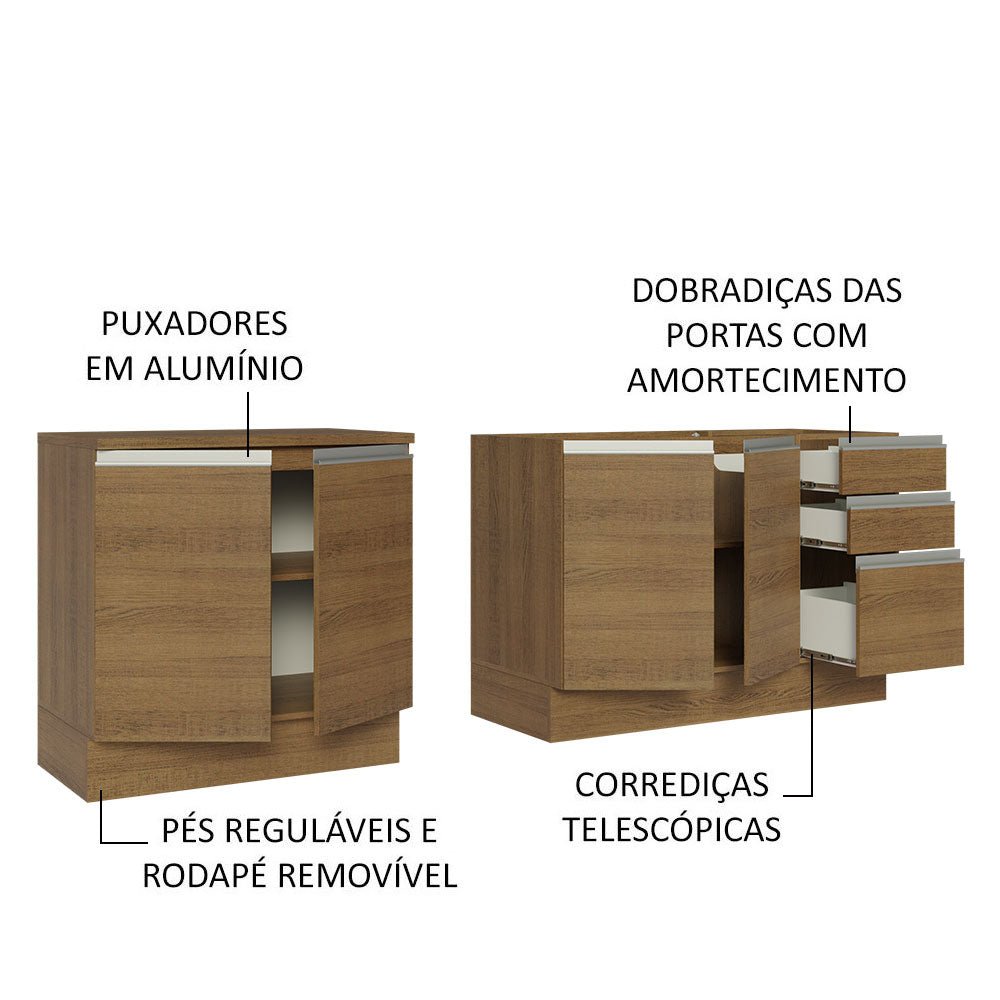 Set X 2 Muebles Inferiores de Cocina Glamy Marron 200x84cm sin Mesón sin Estufa y con Tres Cajones - MUEBLES INFERIORES DE COCINA | Bylmo