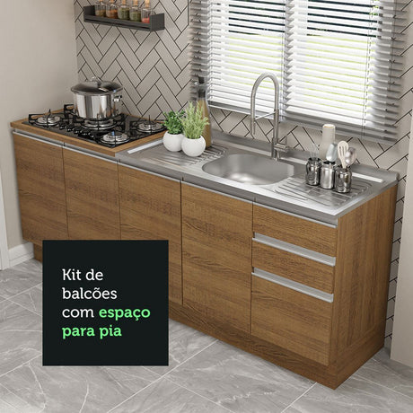 Set X 2 Muebles Inferiores de Cocina Glamy Marron 200x84cm sin Mesón sin Estufa y con Tres Cajones - MUEBLES INFERIORES DE COCINA | Bylmo
