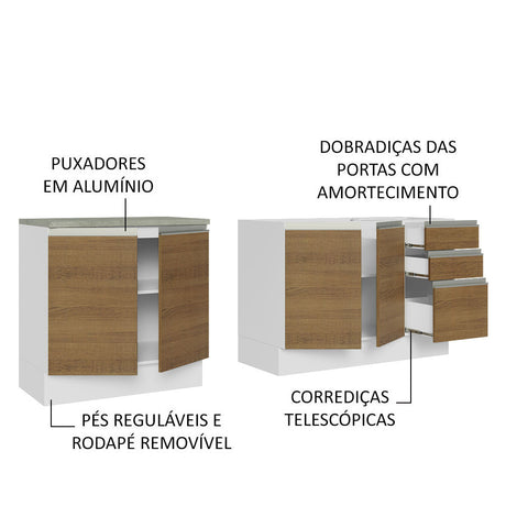 Set X 2 Muebles Inferiores de Cocina Glamy Blanco y Marron 200x84cm sin Mesón sin Estufa y con Tres Cajones - MUEBLES INFERIORES DE COCINA | Bylmo