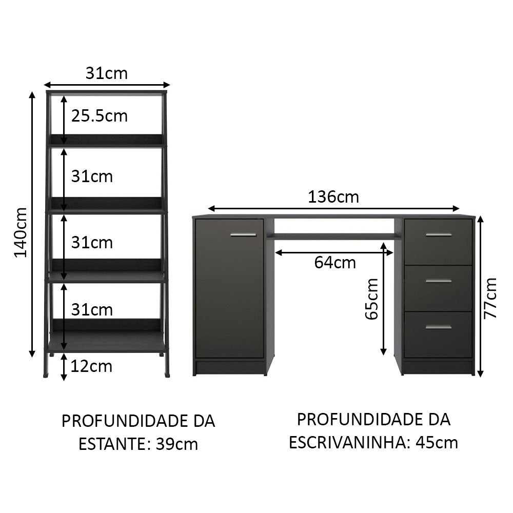 Combo Escritorio y Biblioteca Alaska Negro 136x77cm con Tres Cajones y con Archivador - ESCRITORIOS | Bylmo