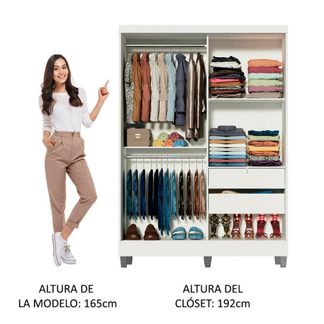 Closet Luke Blanco 120x192cm con Un Espejo con Dos Cajones y con Tres Entrepaños - CLOSETS | Bylmo