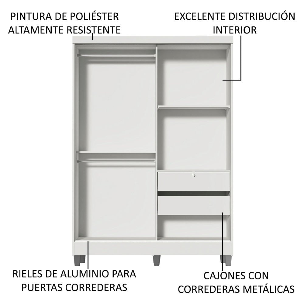 Closet Luke Blanco 120x192cm con Un Espejo con Dos Cajones y con Tres Entrepaños - CLOSETS | Bylmo