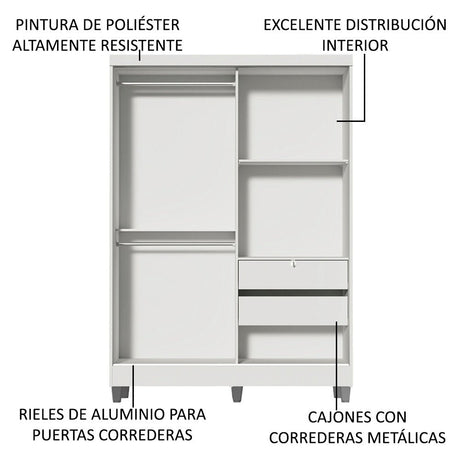 Closet Luke Blanco 120x192cm con Un Espejo con Dos Cajones y con Tres Entrepaños - CLOSETS | Bylmo