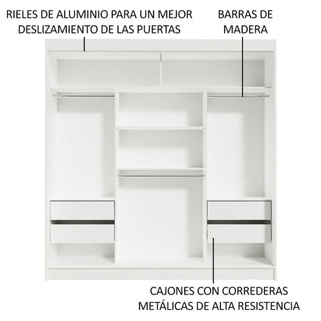 Closet Reno Blanco y Negro 180x205cm con Dos Espejos con Cuatro Cajones y con Seis Entrepaños - CLOSETS | Bylmo