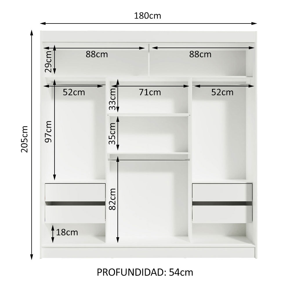 Closet Reno Blanco y Negro 180x205cm con Espejo con Cuatro Cajones y con Seis Entrepaños - CLOSETS | Bylmo
