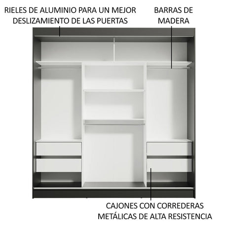Closet Reno Negro y Blanco 180x205cm con Espejo con Cuatro Cajones y con Seis Entrepaños - CLOSETS | Bylmo