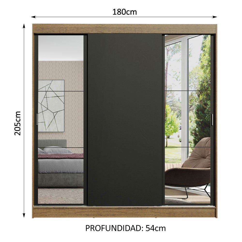 Closet Reno Marron y Negro 180x205cm con Dos Espejos con Cuatro Cajones y con Seis Entrepaños - CLOSETS | Bylmo