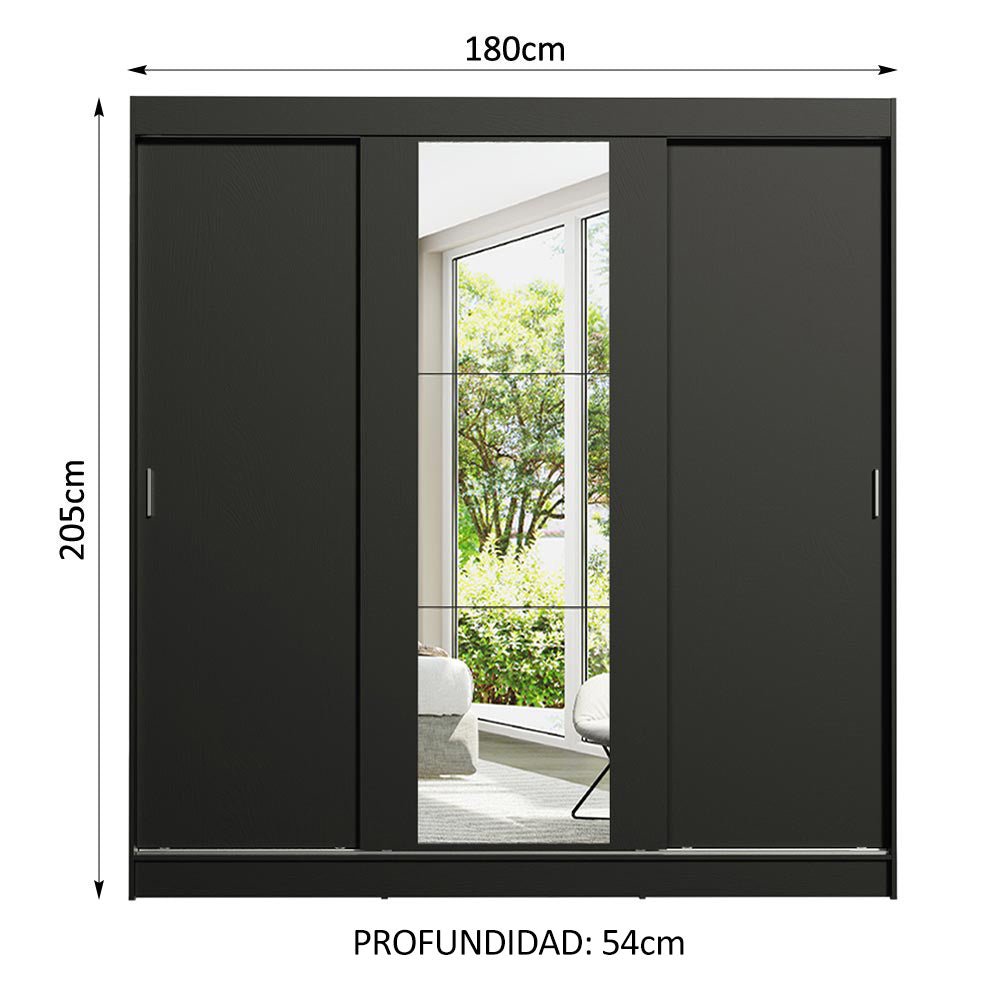 Closet Reno Negro 180x205cm con Un Espejo con Cuatro Cajones y con Seis Entrepaños - CLOSETS | Bylmo