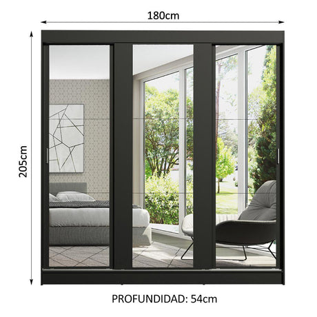 Closet Reno Negro 180x205cm con Espejo con Cuatro Cajones y con Seis Entrepaños - CLOSETS | Bylmo