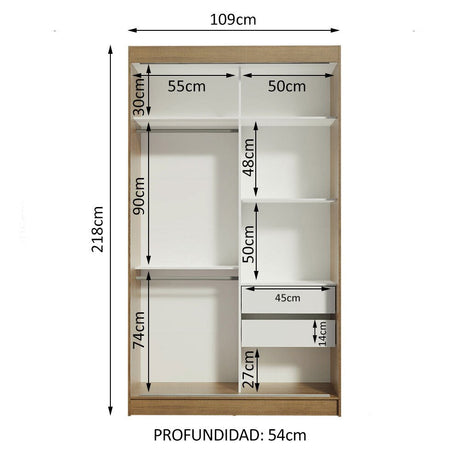 Closet Tokio Marron y Blanco 109x218cm con Espejo con Dos Cajones y con Cinco Entrepaños - CLOSETS | Bylmo