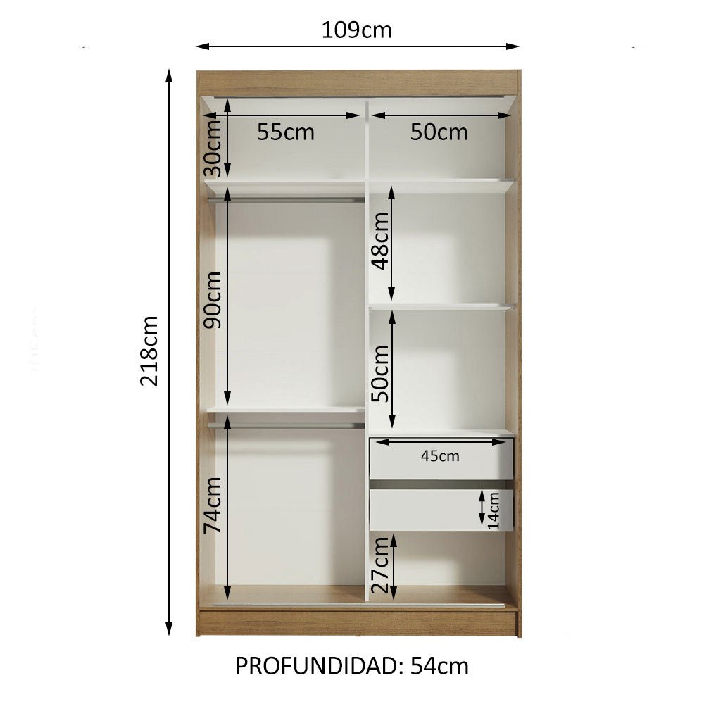 Closet Tokio Marron y Negro 109x218cm con Espejo con Dos Cajones y con Cinco Entrepaños - CLOSETS | Bylmo