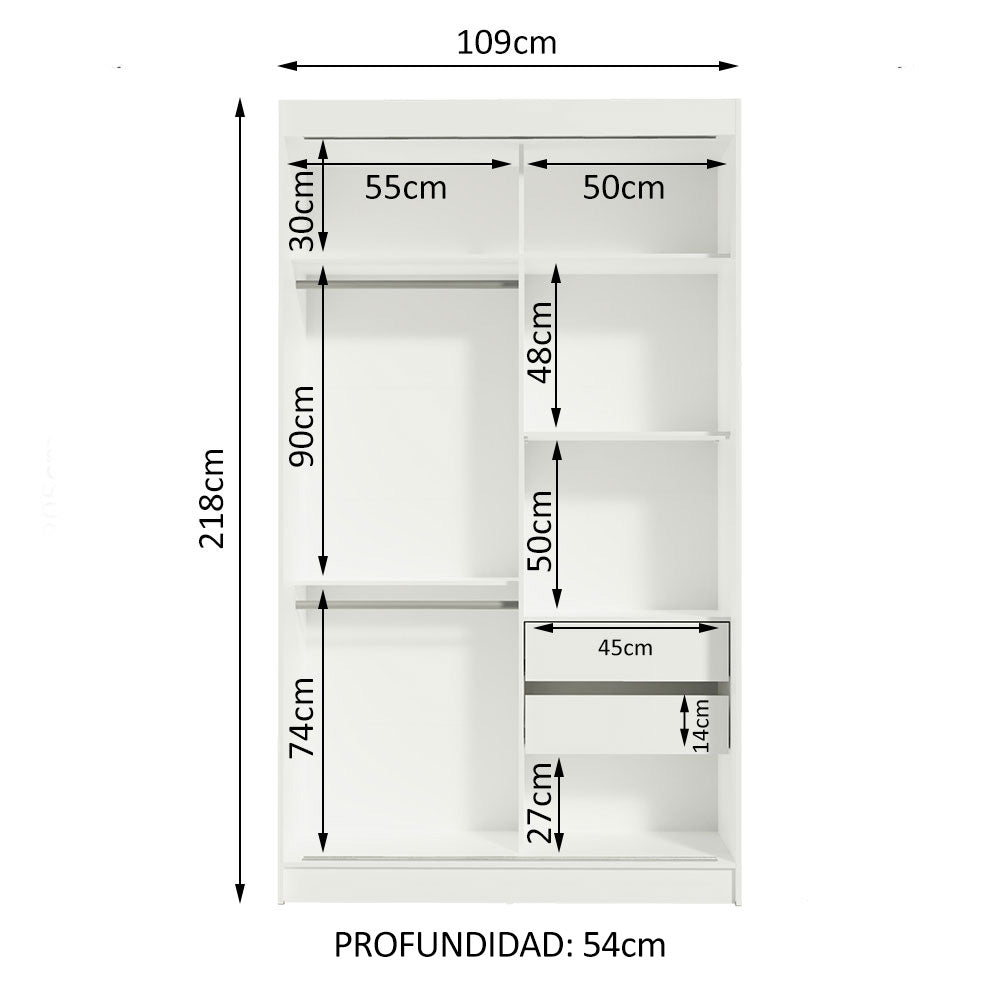 Closet Tokio Blanco y Marron 109x218cm con Espejo con Dos Cajones y con Cinco Entrepaños - CLOSETS | Bylmo