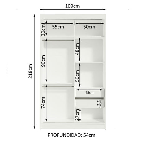 Closet Tokio Blanco y Marron 109x218cm con Espejo con Dos Cajones y con Cinco Entrepaños - CLOSETS | Bylmo
