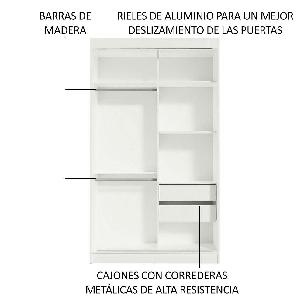 Closet Tokio Blanco y Marron 109x218cm con Espejo con Dos Cajones y con Cinco Entrepaños - CLOSETS | Bylmo