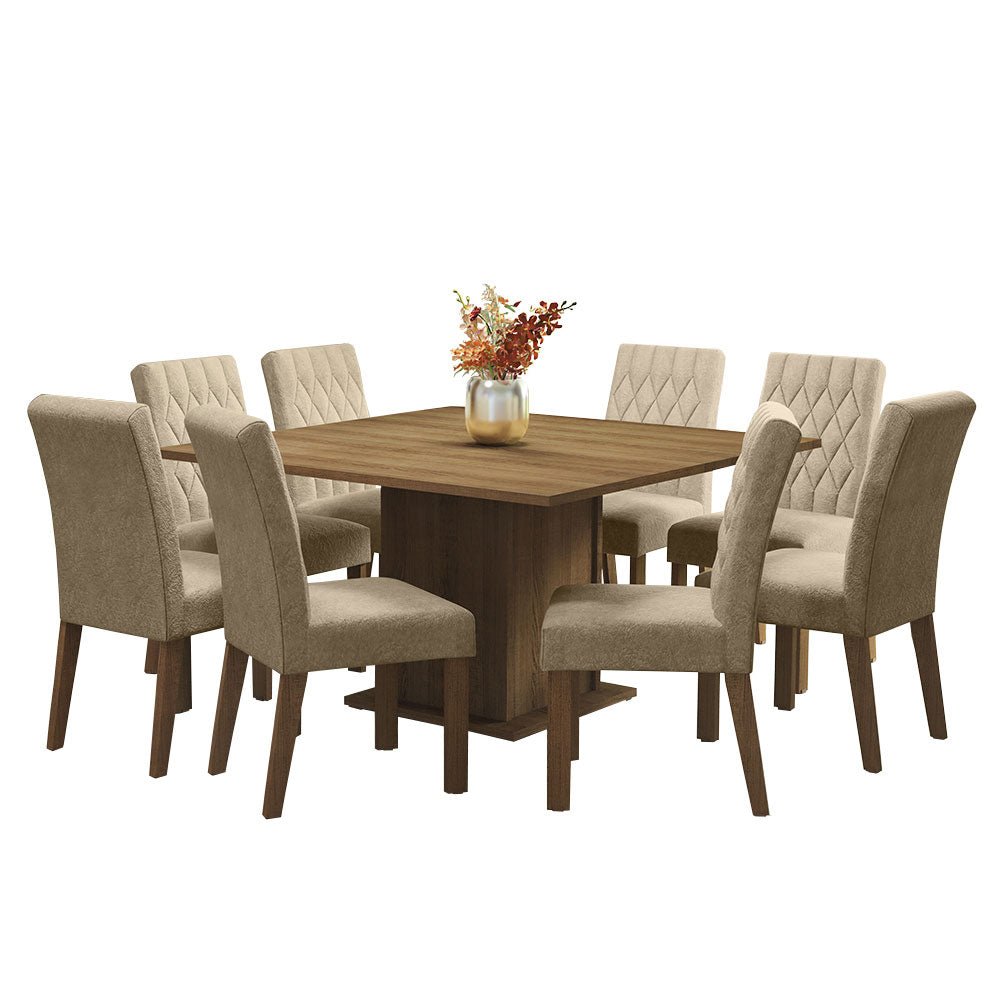 Comedor Leila Marron y Beige 136x77cm Cuadrado de 8 Puestos con 8 Sillas - COMEDORES | Bylmo