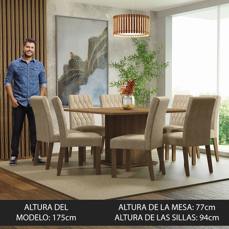 Comedor Leila Marron y Beige 136x77cm Cuadrado de 8 Puestos con 8 Sillas - COMEDORES | Bylmo