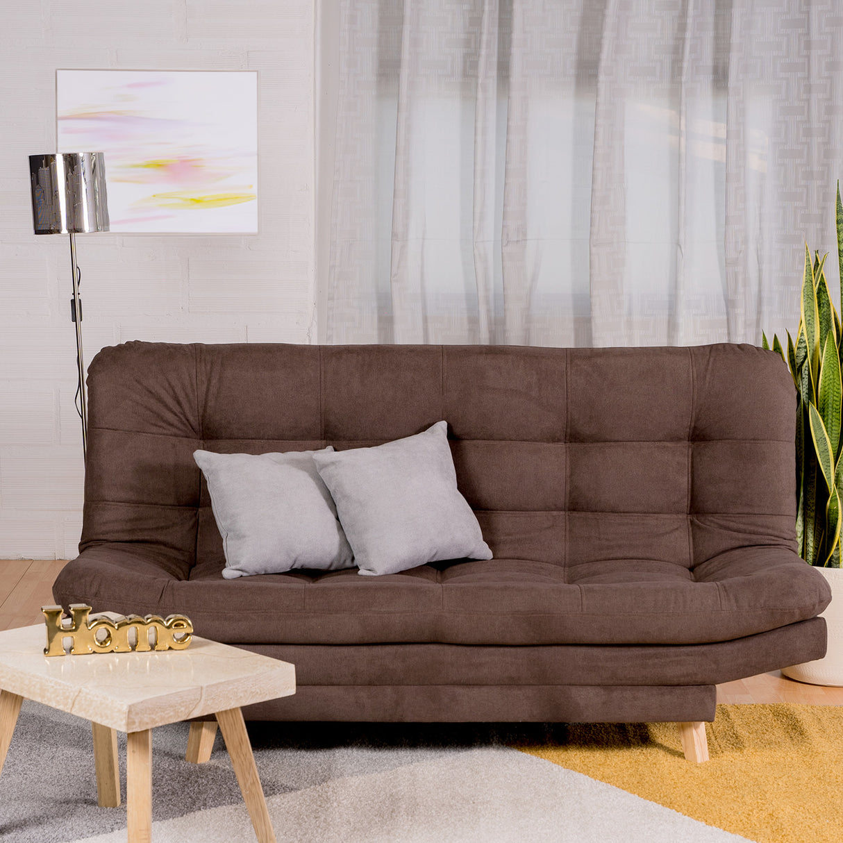 Sofá Cama Valencia Chocolate 180x85cm De Tres Puestos Antifluido con Patas y Dos Cojines Decorativos - SOFAS Y POLTRONAS | Bylmo