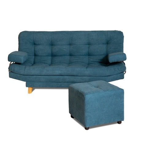 Combo Sofá Cama y Puff Valencia Azul Aguamarina 180x85cm De Tres Puestos Antifluido con Patas - SOFAS Y POLTRONAS | Bylmo