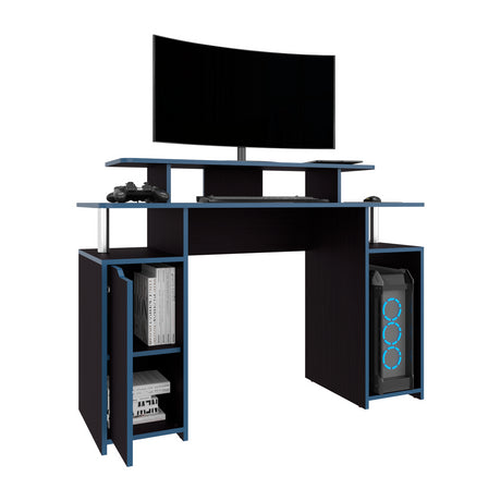 Escritorio Gamer Keria Wengue y Azul 120x88.5cm sin Cajones y con Organizador de Libros - ESCRITORIOS | Bylmo