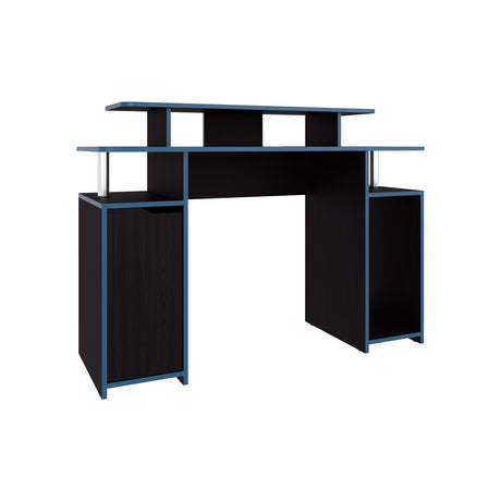 Escritorio Gamer Keria Wengue y Azul 120x88.5cm sin Cajones y con Organizador de Libros - ESCRITORIOS | Bylmo