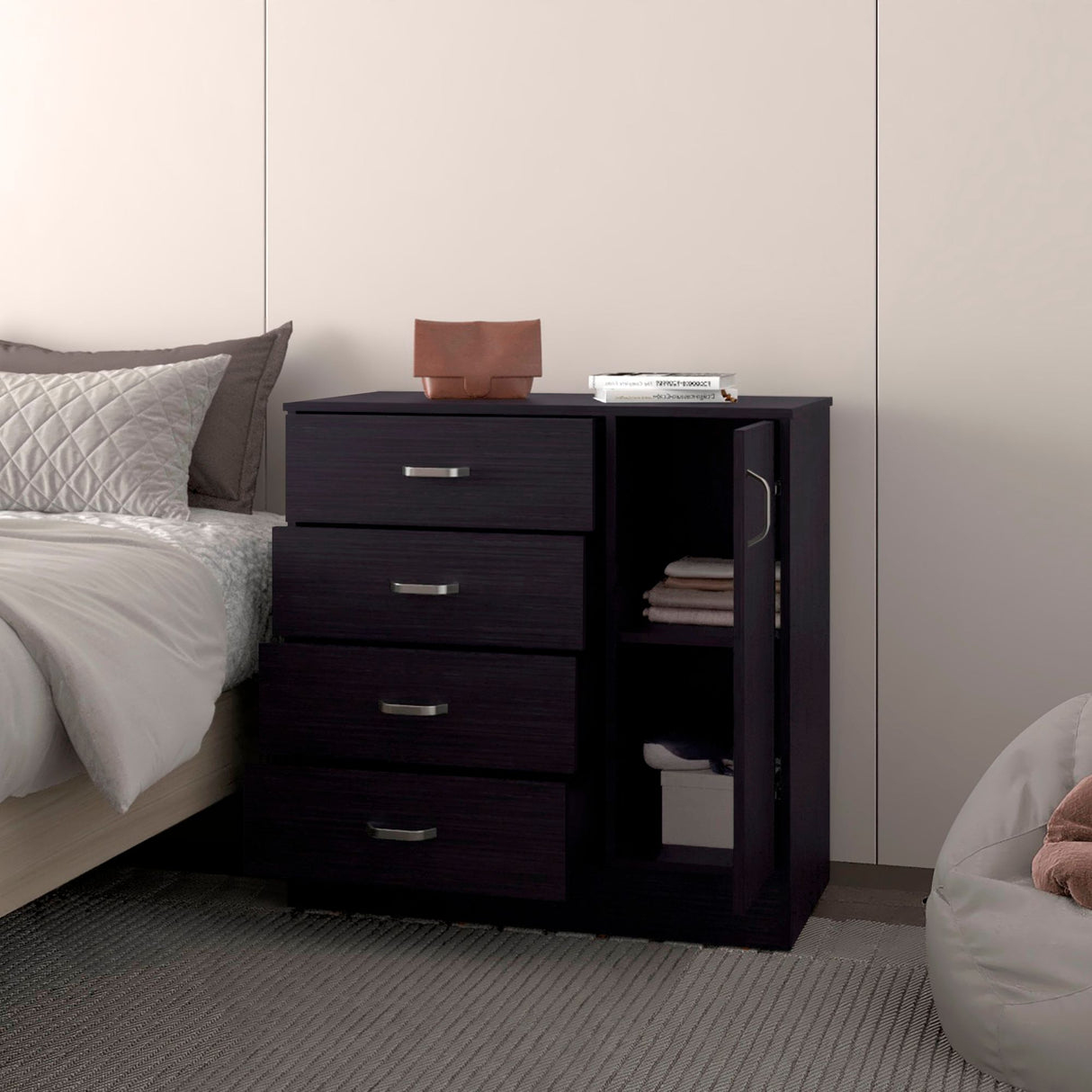 Cómoda Katie Wengue 80x79.5cm de Cuatro Hileras y con Espacio para TV - CAJONERAS Y COMODAS | Bylmo