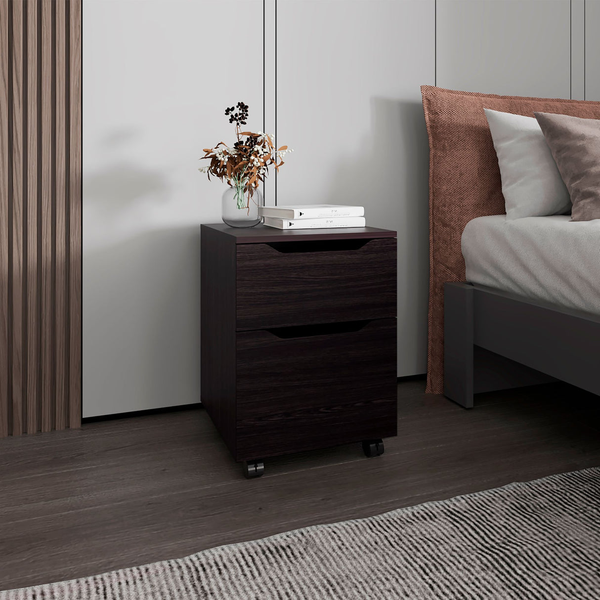 Mesa de Noche Ethan Wengue 42x57.6cm con Dos Cajones y con Ruedas - MESAS DE NOCHE | Bylmo