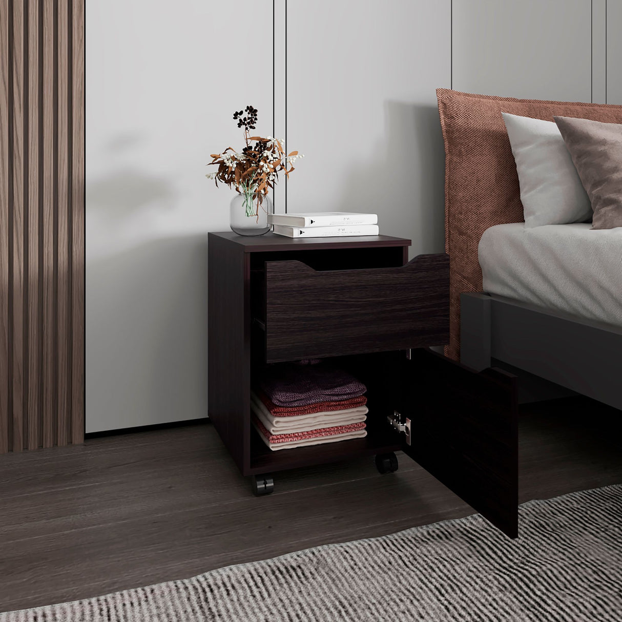 Mesa de Noche Ethan Wengue 42x57.6cm con Dos Cajones y con Ruedas - MESAS DE NOCHE | Bylmo