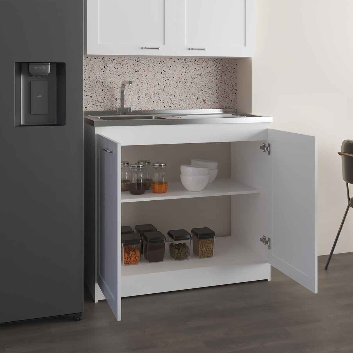 Mueble Inferior de Cocina Zurich Blanco 98.5x88.6cm con Mesón de Acero Inoxidable con Pozuelo y sin Estufa - MUEBLES INFERIORES DE COCINA | Bylmo