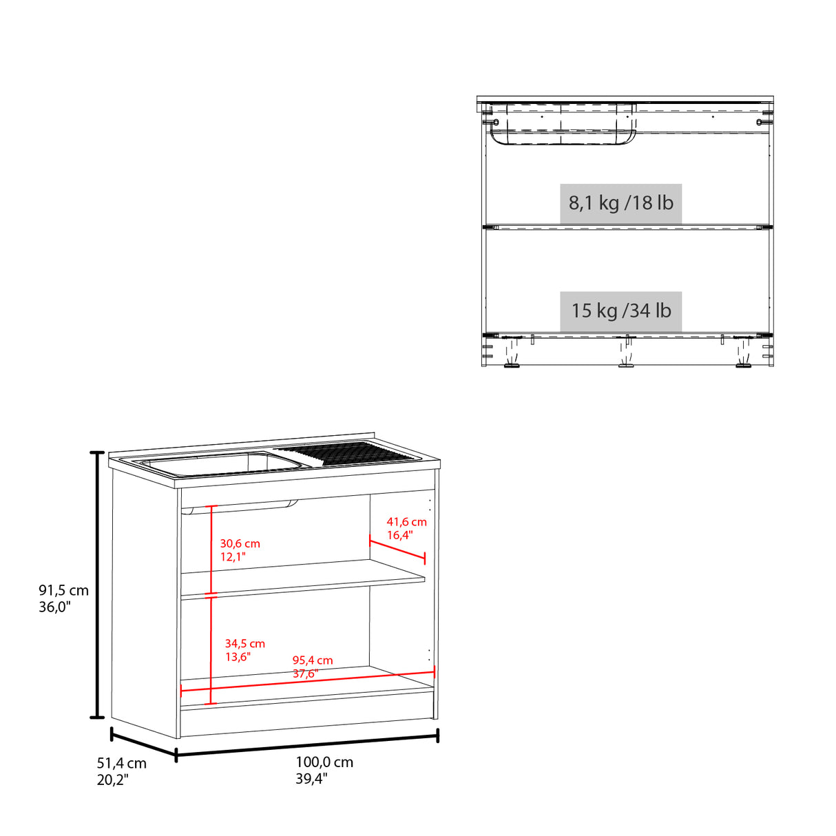 Mueble Inferior de Cocina Zurich Blanco 98.5x88.6cm con Mesón de Acero Inoxidable con Pozuelo y sin Estufa - MUEBLES INFERIORES DE COCINA | Bylmo