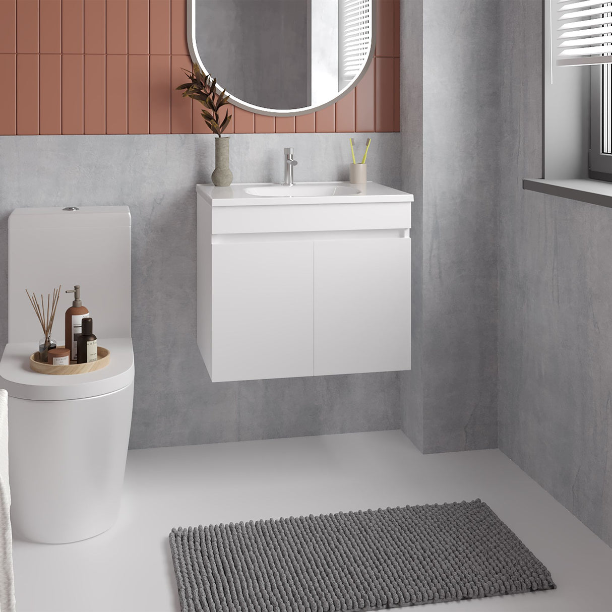 Mueble para Lavamanos Individual Chaux Blanco 59x50cm Flotante con Lavamanos de Sobreponer con Dos Puertas - MUEBLES PARA LAVAMANOS | Bylmo