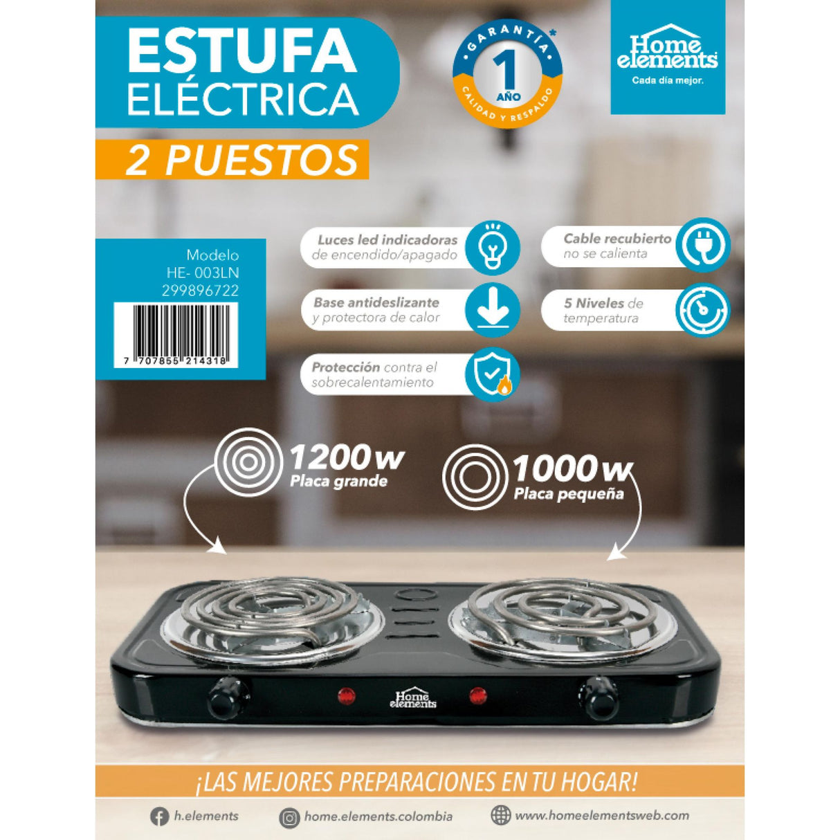 Estufa Eléctrica Negra 21x6cm de Dos Quemadores con Cinco Niveles de Temperatura - ESTUFAS | Bylmo
