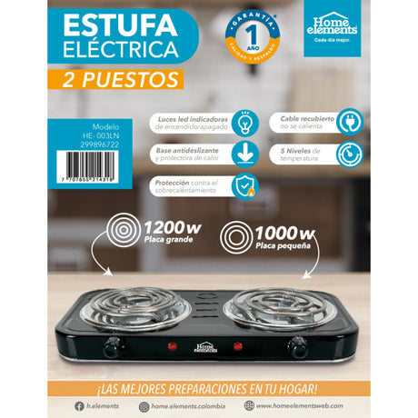 Estufa Eléctrica Negra 21x6cm de Dos Quemadores con Cinco Niveles de Temperatura - ESTUFAS | Bylmo