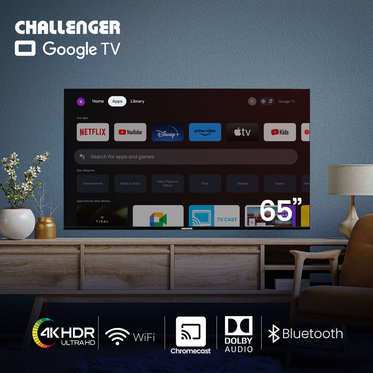Televisor Led Smart Google 144.5x83.3cm de 65 Pulgadas 4K 2160P Con Wifi Integrado y Con Bluetooth - TELEVISORES | Bylmo