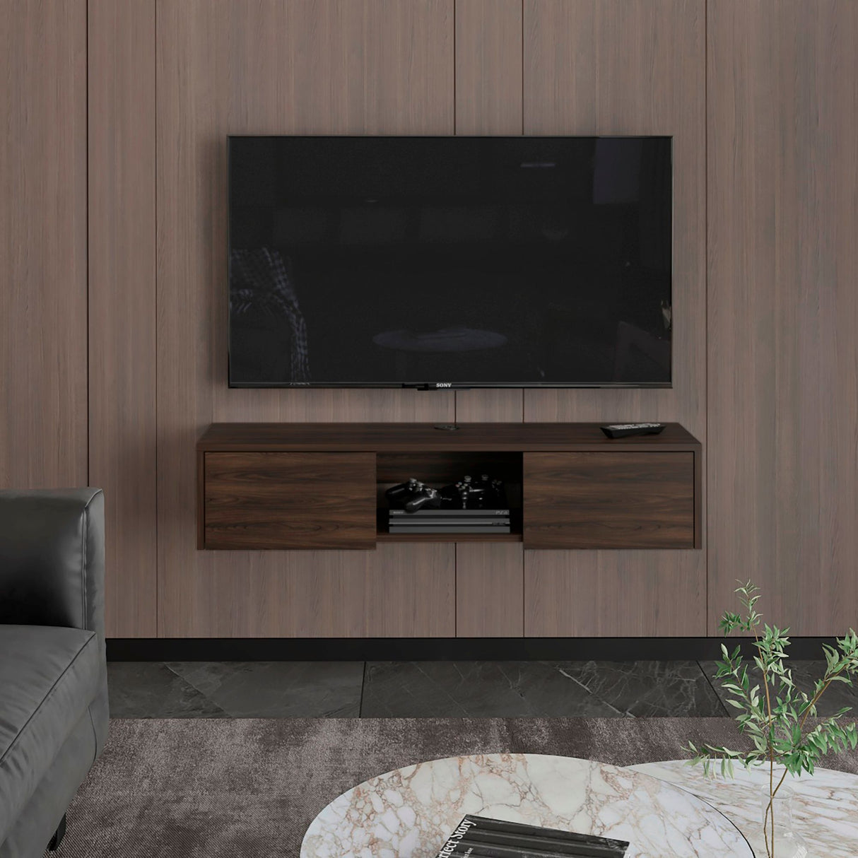 Repisa para TV Flotante Glen Nogal 125.1x26.8cm para TV Hasta 50 Pulgadas sin Cajones y con Ranuras para Cables - MUEBLES DE TV | Bylmo