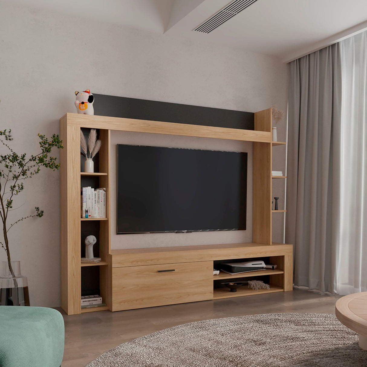 Centro de Entretenimiento Cecil Fresno Europeo y Wengue 215.8x178.1cm para TV Hasta 75 Pulgadas sin Cajones y con Ranuras para Cables - MUEBLES DE TV | Bylmo