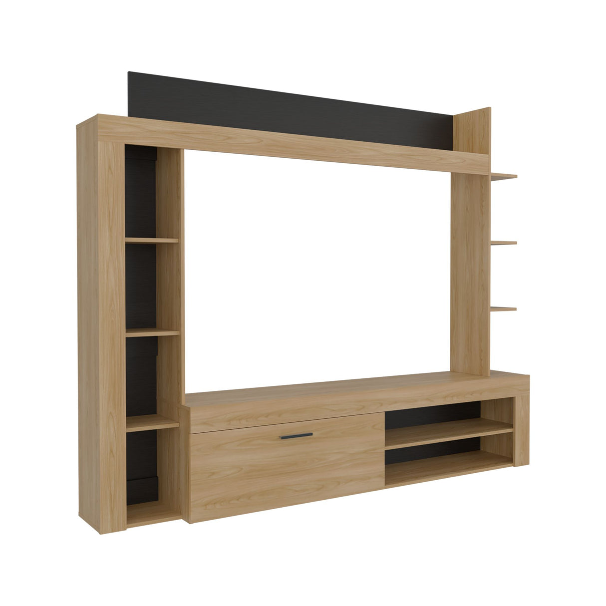 Centro de Entretenimiento Cecil Fresno Europeo y Wengue 215.8x178.1cm para TV Hasta 75 Pulgadas sin Cajones y con Ranuras para Cables - MUEBLES DE TV | Bylmo