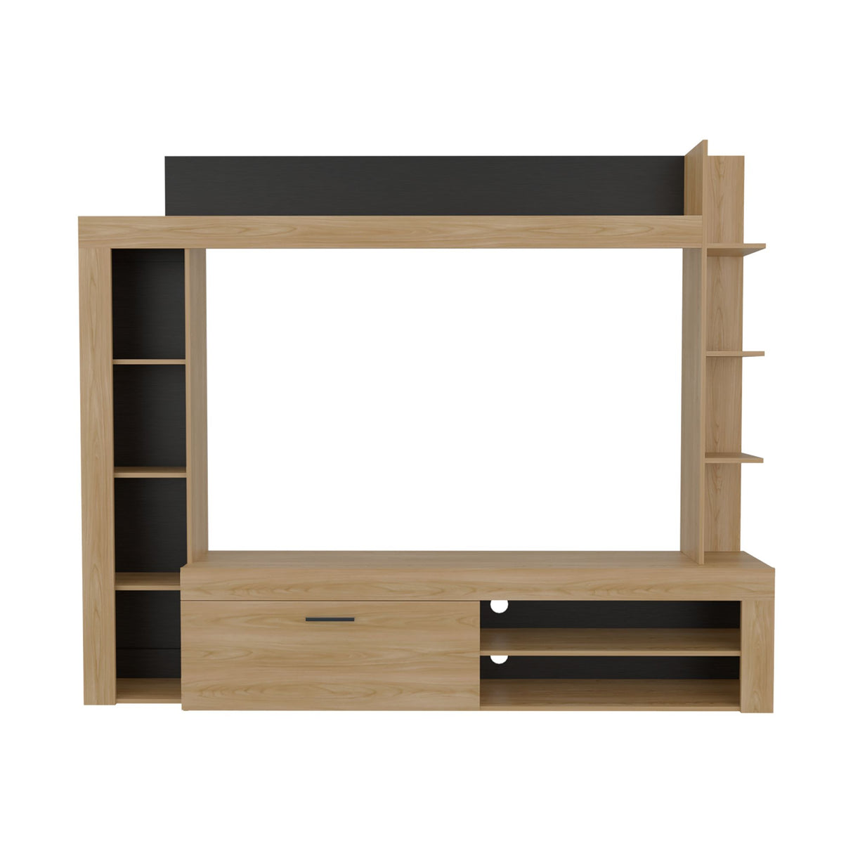 Centro de Entretenimiento Cecil Fresno Europeo y Wengue 215.8x178.1cm para TV Hasta 75 Pulgadas sin Cajones y con Ranuras para Cables - MUEBLES DE TV | Bylmo