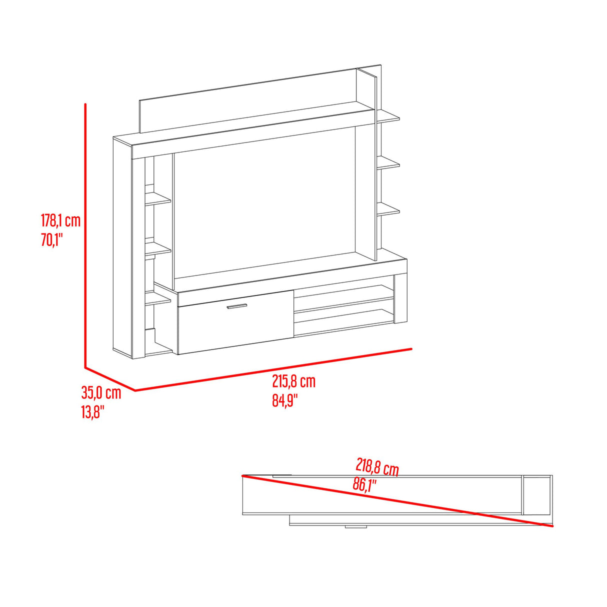 Centro de Entretenimiento Cecil Fresno Europeo y Wengue 215.8x178.1cm para TV Hasta 75 Pulgadas sin Cajones y con Ranuras para Cables - MUEBLES DE TV | Bylmo
