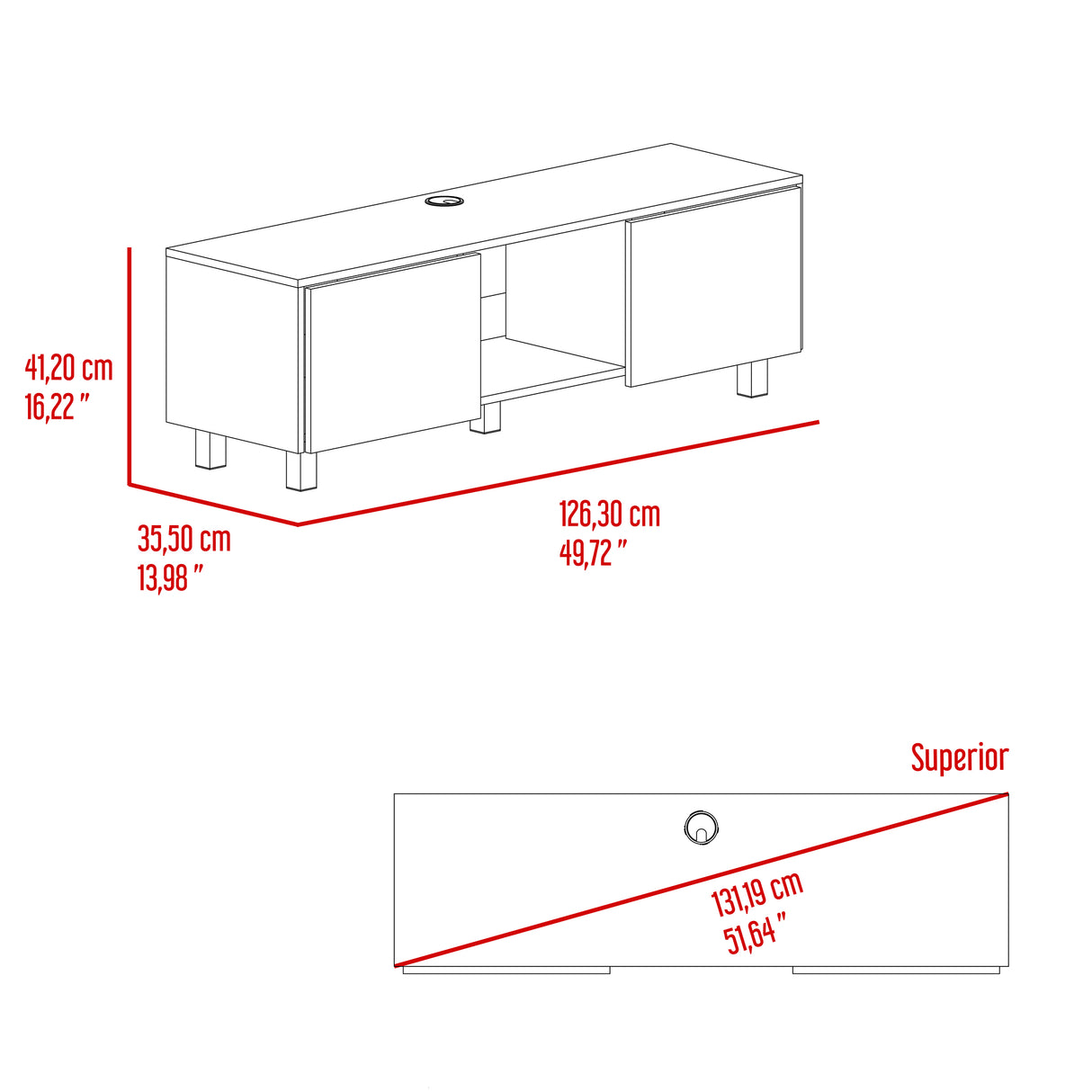 Rack de TV Lazio Fresno Europeo 126.3x41.2cm para TV Hasta 75 Pulgadas sin Cajones y con Ranuras para Cables - MUEBLES DE TV | Bylmo