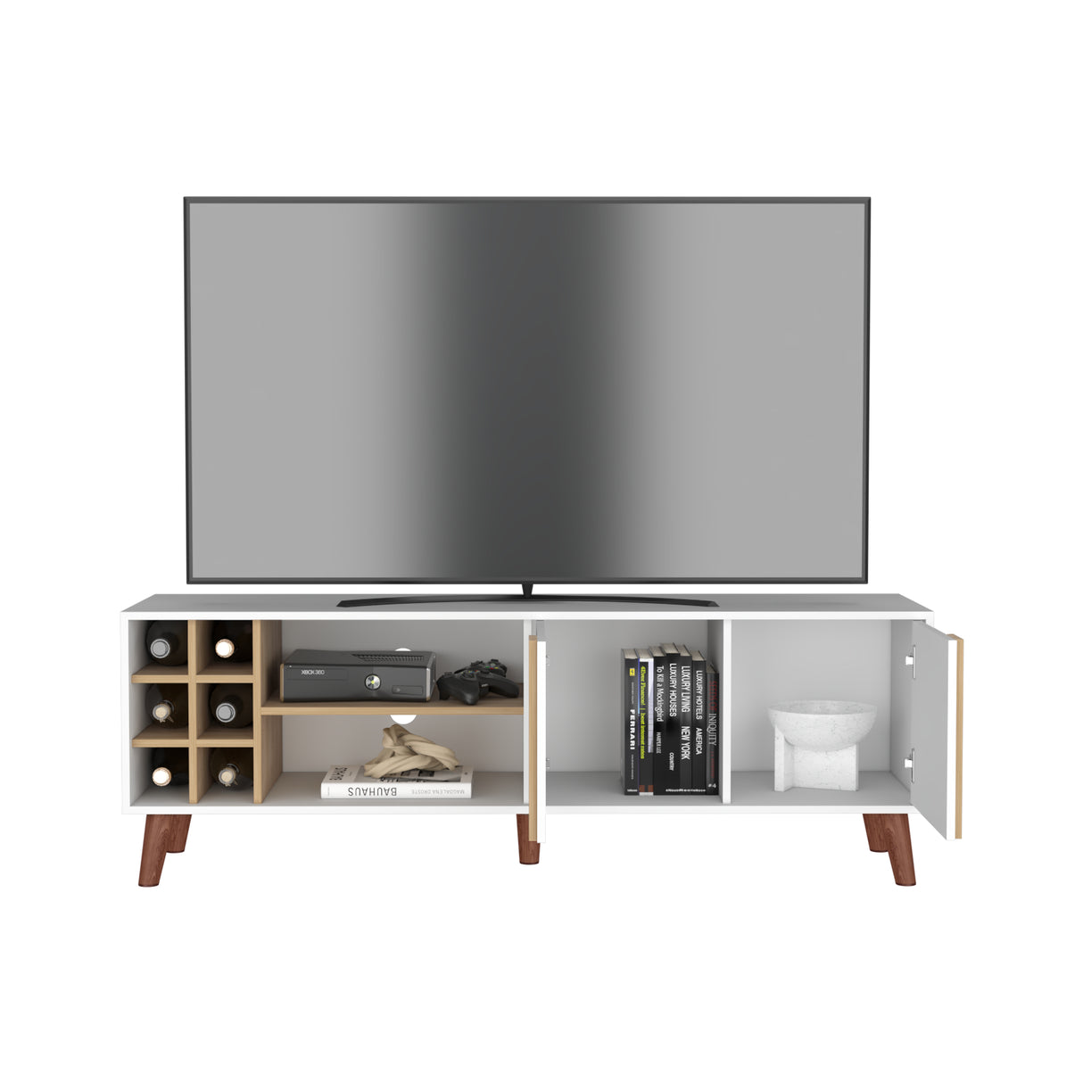 Rack de TV Lane Blanco y Fresno Europeo 160x55cm para TV Hasta 65 Pulgadas sin Cajones y con Ranuras para Cables - MUEBLES DE TV | Bylmo