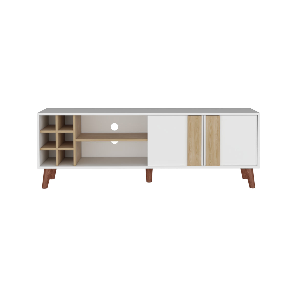 Rack de TV Lane Blanco y Fresno Europeo 160x55cm para TV Hasta 65 Pulgadas sin Cajones y con Ranuras para Cables - MUEBLES DE TV | Bylmo