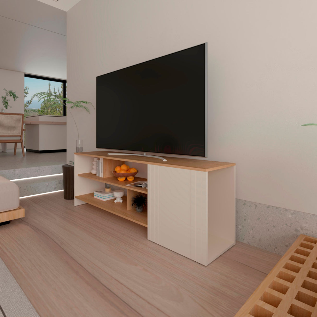 Rack de TV Arion Fresno Europeo y Capri 160x56cm para TV Hasta 65 Pulgadas sin Cajones - MUEBLES DE TV | Bylmo