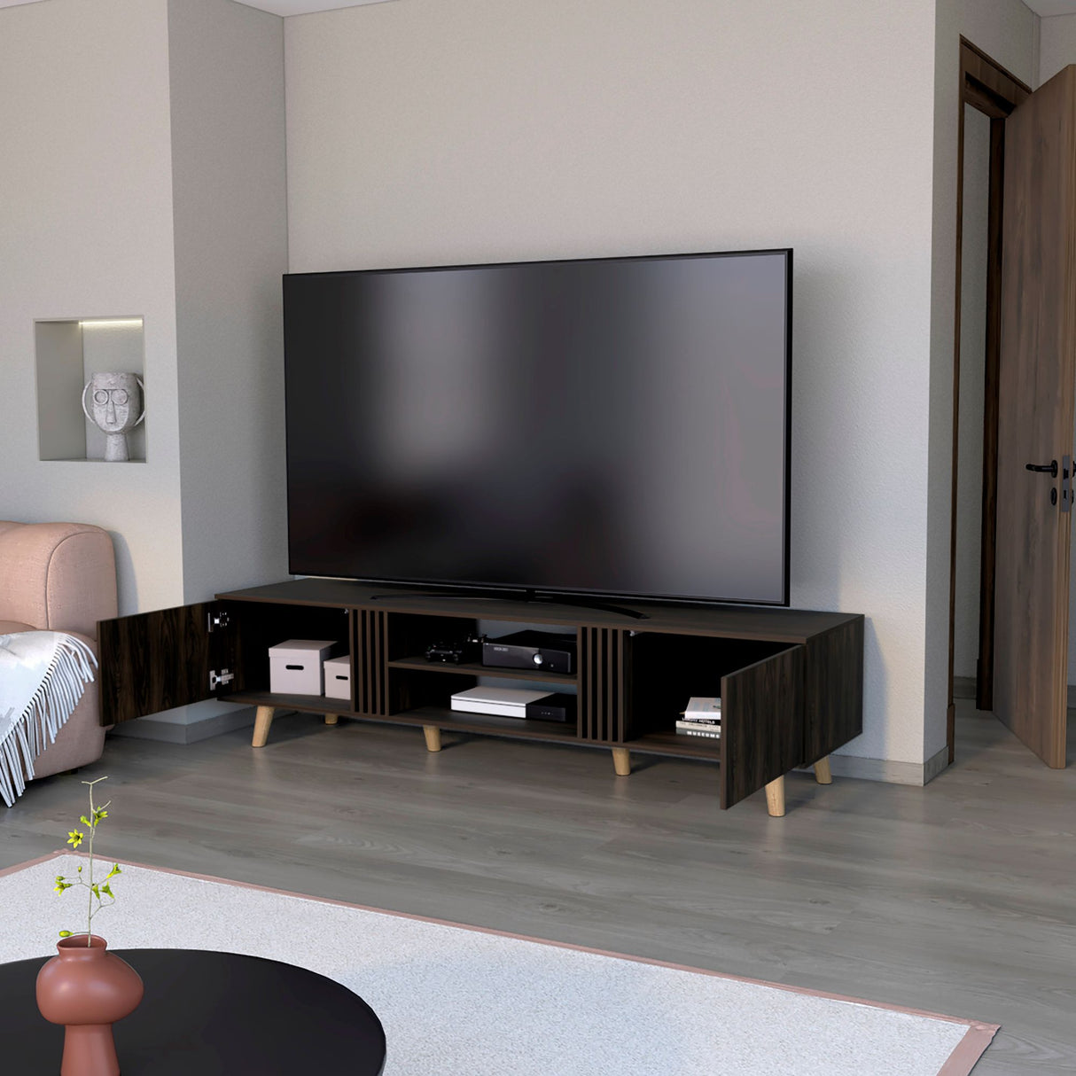 Rack de TV Shawnee Nogal 200x50cm para TV Hasta 75 Pulgadas sin Cajones y con Ranuras para Cables - MUEBLES DE TV | Bylmo