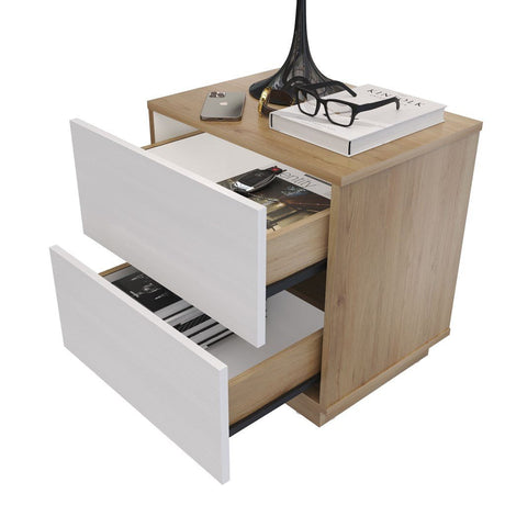 Mesa de Noche Enkubo Rovere y Blanco 48x52cm con Dos Cajones - MESAS DE NOCHE | Bylmo