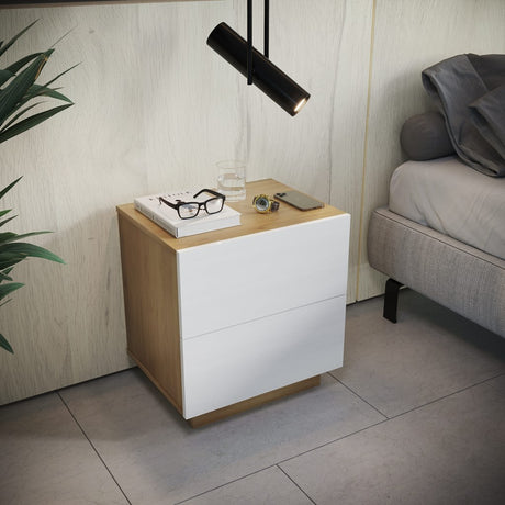 Mesa de Noche Enkubo Rovere y Blanco 48x52cm con Dos Cajones - MESAS DE NOCHE | Bylmo