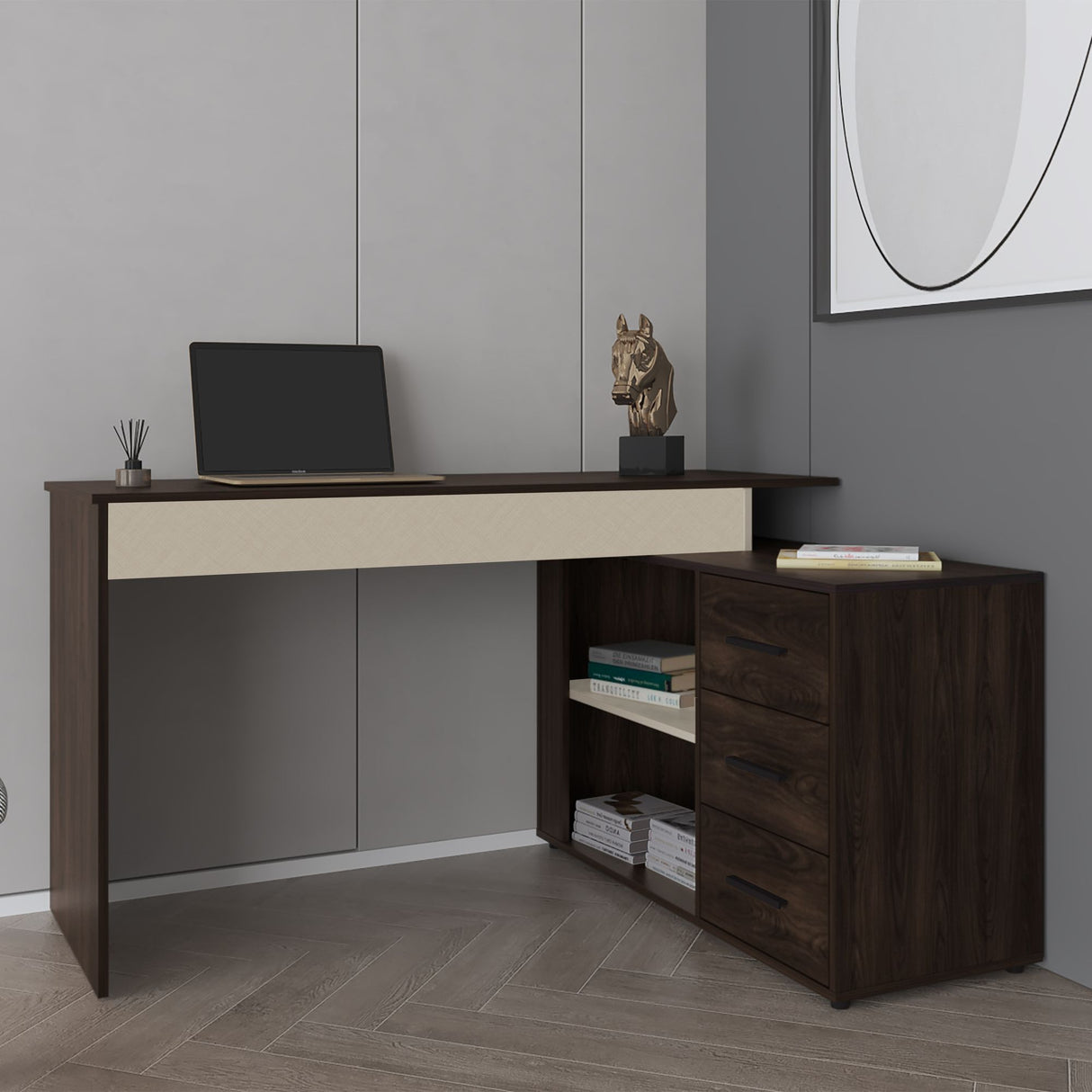 Escritorio en L Upton Nogal y Toquilla 101.5x75cm con Tres Cajones y con Organizador de Libros - ESCRITORIOS | Bylmo