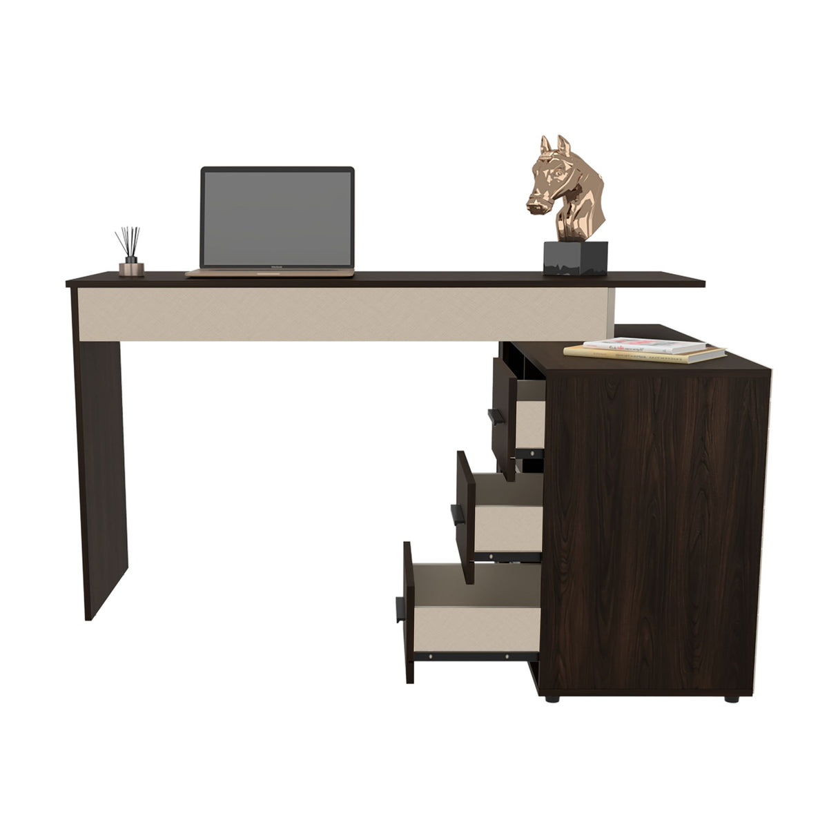 Escritorio en L Upton Nogal y Toquilla 101.5x75cm con Tres Cajones y con Organizador de Libros - ESCRITORIOS | Bylmo