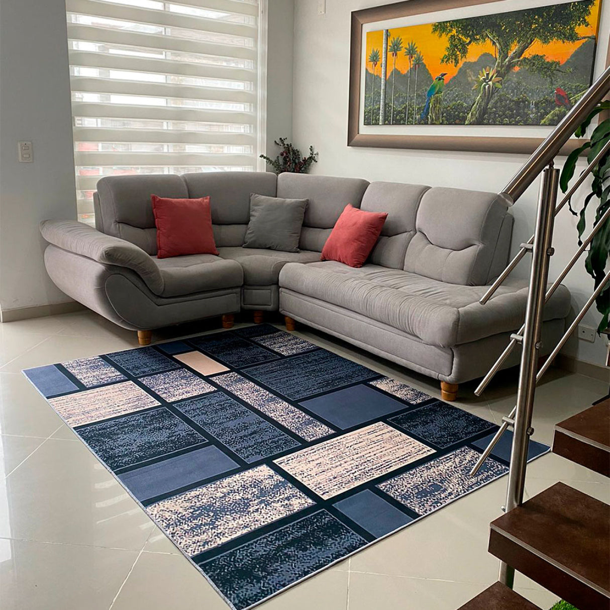 Tapete de Sala Figuras Gris y Azul 200x150cm Clásico Rectangular Suave - TAPETES Y ALFOMBRAS | Bylmo