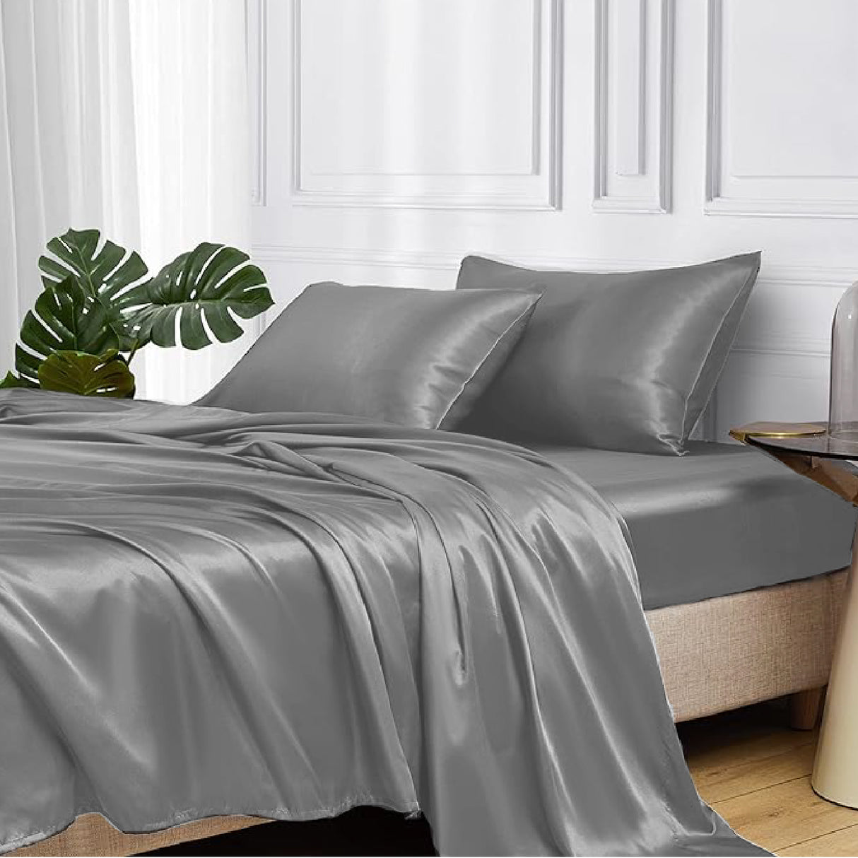 Juego de Sabanas de Satín Gris Oscuro 200x190cm 300 Hilos con Dos Sábanas y Dos Fundas de Almohada - SABANAS | Bylmo