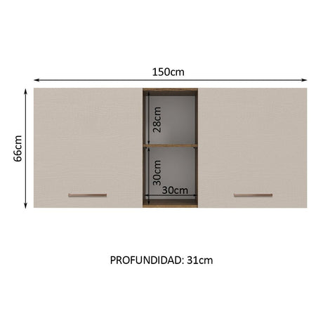 Mueble Superior de Cocina Agata Marron y Crema 150x66cm con Seis Entrepaños y con Dos Puertas - MUEBLES SUPERIORES DE COCINA | Bylmo